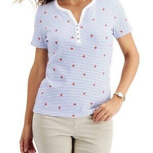 Karen Scott Womens Plus XXL Popover Top Blue White Stripe Button Neck Watermelon